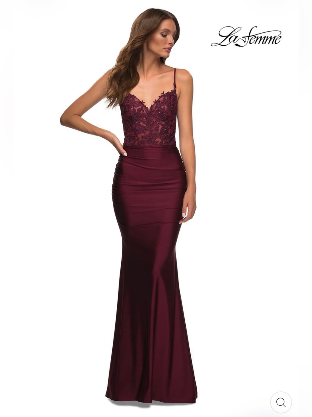 La Femme Burgundy Lace Bodice Satin Mermaid Evening Dress